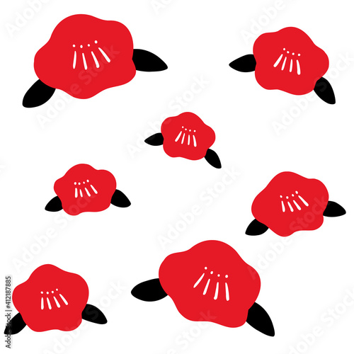 赤い椿の花と黒い葉っぱのかわいい手書きの花柄イラスト 白バック 北欧風 和風 Abstract Wall Mural Abstra Spica