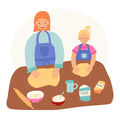 Family pastime, Easter pastry baking banner. Mother teaches her little daughter to bake and shows how to beat dough. 