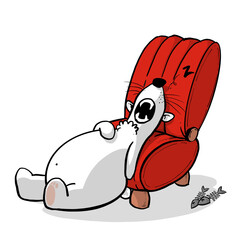 A cartoon illustration of a sleepy polar bear sleeping on a red couch