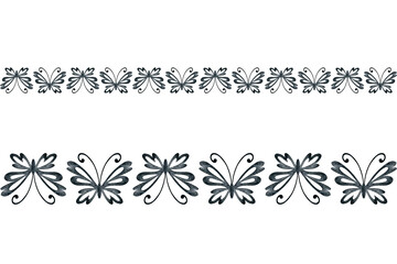 Butterfly horizontal borders isolated on a white background. Graphic design of decorative tape. Hand drawn elements in black and white colors