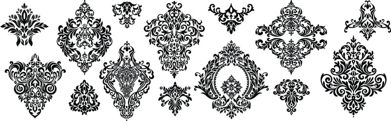Set of Oriental vector damask patterns for greeting cards and wedding invitations.