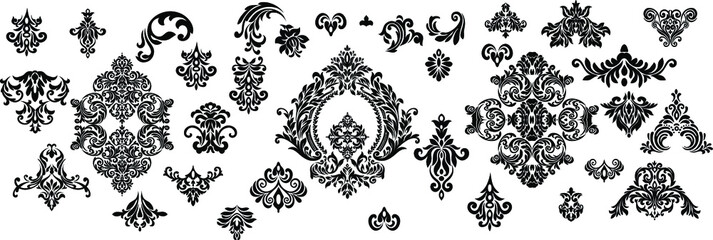 Set of Oriental vector damask patterns for greeting cards and wedding invitations.