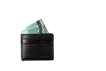 Ringgit Malaysia notes in the black wallet isolated on clean white background suitable for business, trading and financial concept