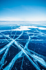 Natural breaking ice in frozen water at Lake Baikal, Siberia, Russia.