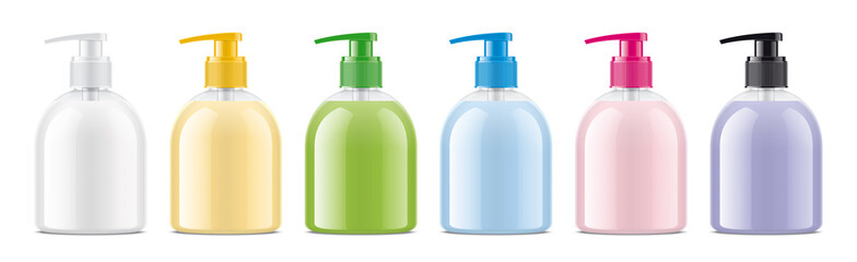 Set of Droppers bottles with non-transparent colored liquids. 