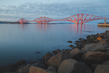 Night view of the 19th century and Unesco heritage site Forth Rail Bridge over the Firth of Forth...