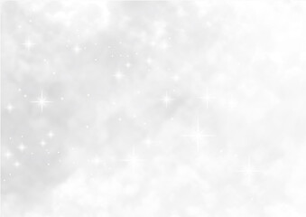 幻想的な星空　ふわふわの雲とキラキラの星　背景素材（銀色）