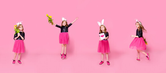 Collage of a Blonde Girl with Rabbit Ears and Flowers on a Pink Background.