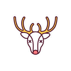 Hunting trophy RGB color icon. Dead reindeer. Deer head for wall. Poaching, nature damage. shot doe. Stop animal abuse. Stag with antlers. Wildlife conservation. Isolated vector illustration
