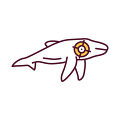 Whale hunting RGB color icon. Aim at marine creature. Ocean wildlife preservation. Hunting for large fish. Animal cruelty and violence. Species extinction risk. Isolated vector illustration