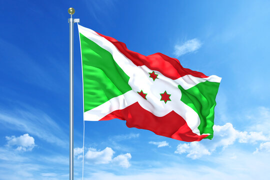 Burundi flag waving on a high quality blue cloudy sky, 3d illustration