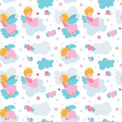 Seamless cute vector pattern with baby angels characters with wings, cloud, heart, star for kids