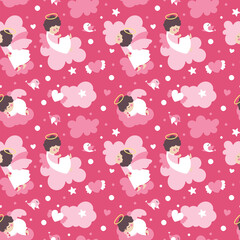 Seamless cute vector pattern with baby angels characters with wings, cloud, heart, star for kids