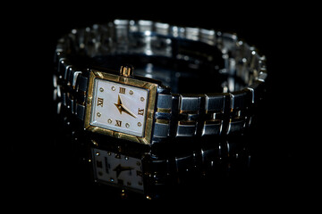 Women`s wrist watch with bracelet on black