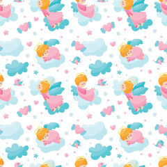Seamless cute vector pattern with baby angels characters with wings, cloud, heart, star for kids
