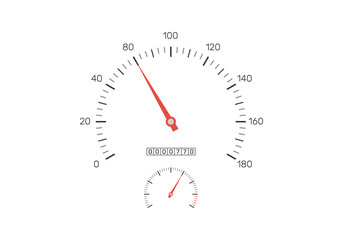 Realistic speedometer isolated on white background. Speedometer with red arrow and car odometer with motor miles or kilometers measuring the scale. Engine power concept. Vector illustration