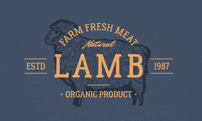 Lamb logo. Sheep isolated on dark blue background. Sheep silhouette. Lamb meat vintage logo. Emblem for butcher shop, steak house, restaurant. Vector illustration