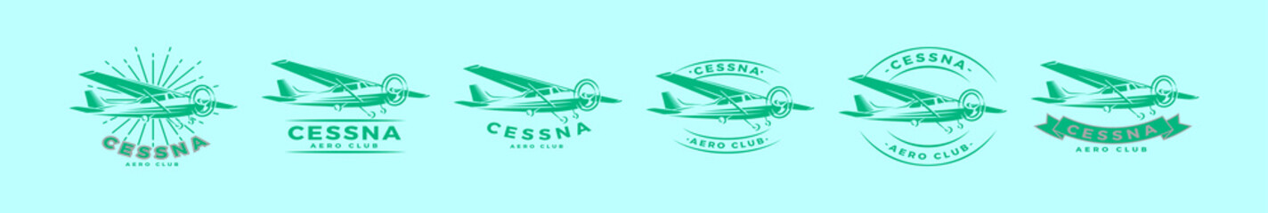 set of cessna plane logo cartoon icon design template with various models. vector illustration isolated on blue background - obrazy, fototapety, plakaty