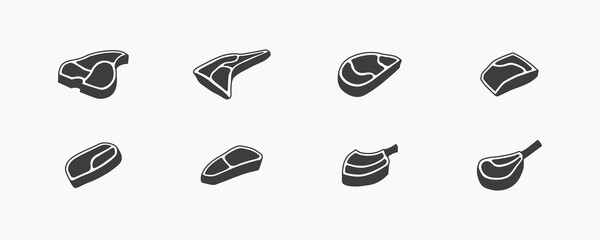 Set of steak icons. 8 black colored meat steaks isolated on white background. BBQ, Grill, Steakhouse concept. Vector illustration 