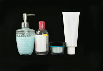 health care cosmetics body treatment toiletry bottles on a black background, no logo, Silhouette
