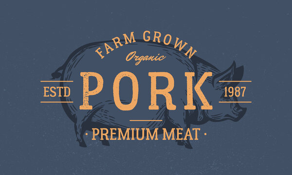 Pork logo. Pig isolated on dark blue background. Pig silhouette. Pork meat vintage logo. Emblem for butcher shop, steak house, restaurant. Vector illustration