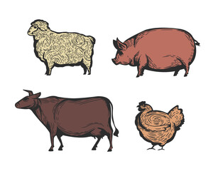 Set of 4 domesticated animal icons. Sheep, pig, cow and chicken vintage sketches isolated on white background. Farm animals designed for emblems, badges, posters. Vector illustration
