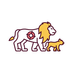 Hunting during breeding season RGB color icon. Lions with cub under rifle target. Aiming to shoot. Illegal savannah hunting. Animal abuse. African wildlife conservation. Isolated vector illustration