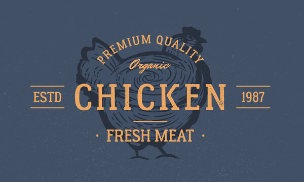 Chicken logo. Hen isolated on dark blue background. Hen silhouette. Chicken meat vintage logo. Emblem for butcher shop, steak house, restaurant. Vector illustration