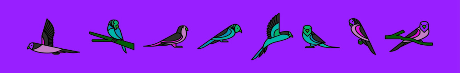 set of budgie bird cartoon icon design template with various models. vector illustration isolated on purple background