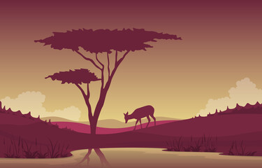 Little Deer Oasis Animal Savanna Landscape Africa Wildlife Illustration
