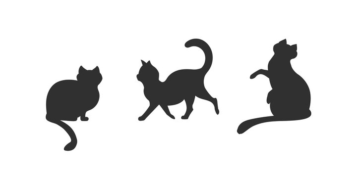Set of cat icons. 3 black cat silhouettes isolated on white background. Cartoon cats silhouettes. Vector illustration