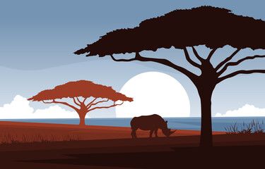 Rhino Animal Savanna Landscape Africa Wildlife Illustration