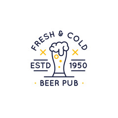 Fresh and cold beer icon, logo, badge, label. Beer Pub icon consists of glass, foam and date of establishment. Vector illustration 
