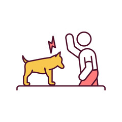 Pets abuse RGB color icon. Cruelty from owner, violence and harm to dog. Person scold and punish puppy. Animal rights and welfare, protection from abuse. Isolated vector illustration