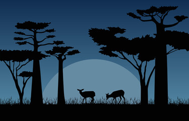 Fototapeta na wymiar Deer in Dark Night Savanna Landscape Africa Wildlife Illustration