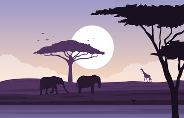 Elephant Giraffe Animal Savanna Landscape Africa Wildlife Illustration