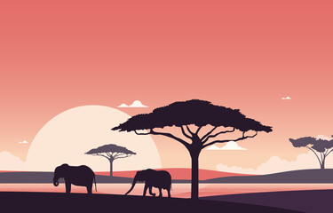 Naklejka na ściany i meble Elephant Sunset Animal Savanna Landscape Africa Wildlife Illustration