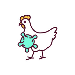 Zoonotic disease RGB color icon. Bird flu. Chicken grippe. Infected poultry. Viral spread risk. Disease source. Animal with sickness. Influenza bacterium. Isolated vector illustration
