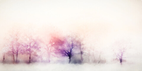 Abstract oil painting winter forest landscape. Semi abstract image of tree, field, meadow. Modern art, oil paint mix watercolor with purple, red and blue pastel color. Contemporary art for background