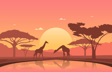Giraffe Sunset Oasis Animal Savanna Landscape Africa Wildlife Illustration