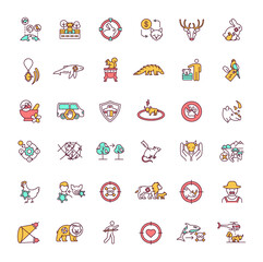 Animal abuse and wildlife conservation RGB color icons set. Global biodiversity. Illegal hunting and poaching. Violence against pets. Nature protection. Isolated vector illustrations