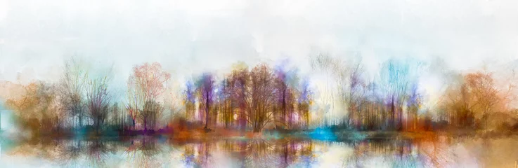 Foto op Plexiglas Illustration painting colorful autumn, summer season nature background. Abstract art image of forest, tree with yellow, red leaf, blue cloud in sky and lake with watercolor paint. Outdoor landscape © nongkran_ch