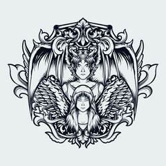 tattoo and t-shirt design black and white hand drawn illustration devil and angel engraving ornament 
