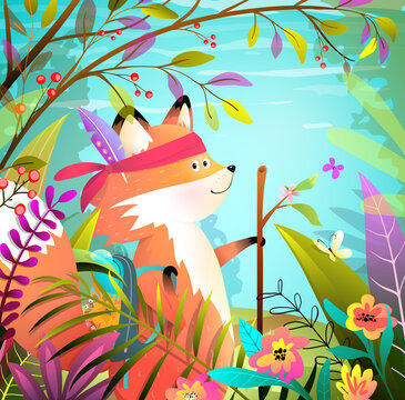 Little brave cute fox animal goes hiking adventure in wild and bright forest landscape. Colorful animals adventurer exotic illustration for kids in watercolor style. Vector cartoon.