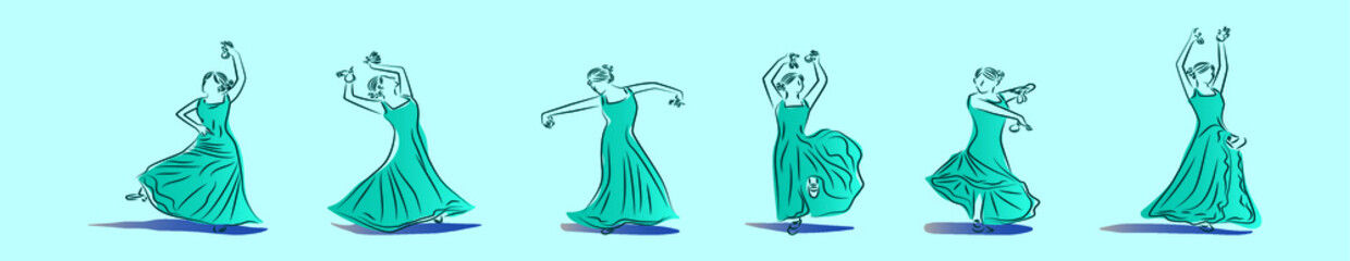 set of castanet dance cartoon icon design template with various models. vector illustration isolated on blue background