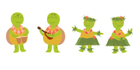 Cute hawaiian turtles. Boys play to music on ukulele and girls dancing hulu. Hawaiian character. Childrens illustration on white background. Design for card, print, book, kids story, childish decor.