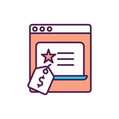 Laptop on sale in online store RGB color icon. Price for computer in internet store. Smart shopping tips. Buy electronic devices remotely. Cheap technology. Isolated vector illustration