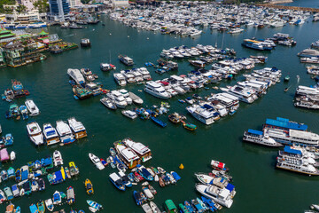 Drone fly over Hong Kong typhoon shelter in aberdeen