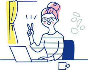 ピースサインをしながらパソコン作業をする女性　