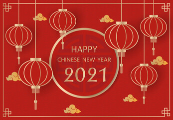 Happy Chinese new year, paper cut art and asian elements with craft style on background.